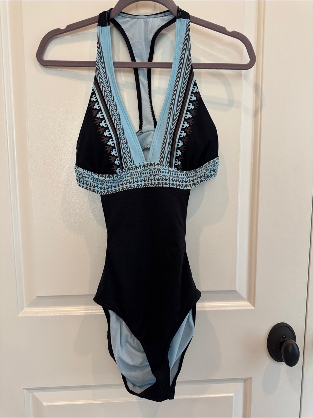 Athleta Black Racerback Monokini Swimsuit with Light Blue Accents